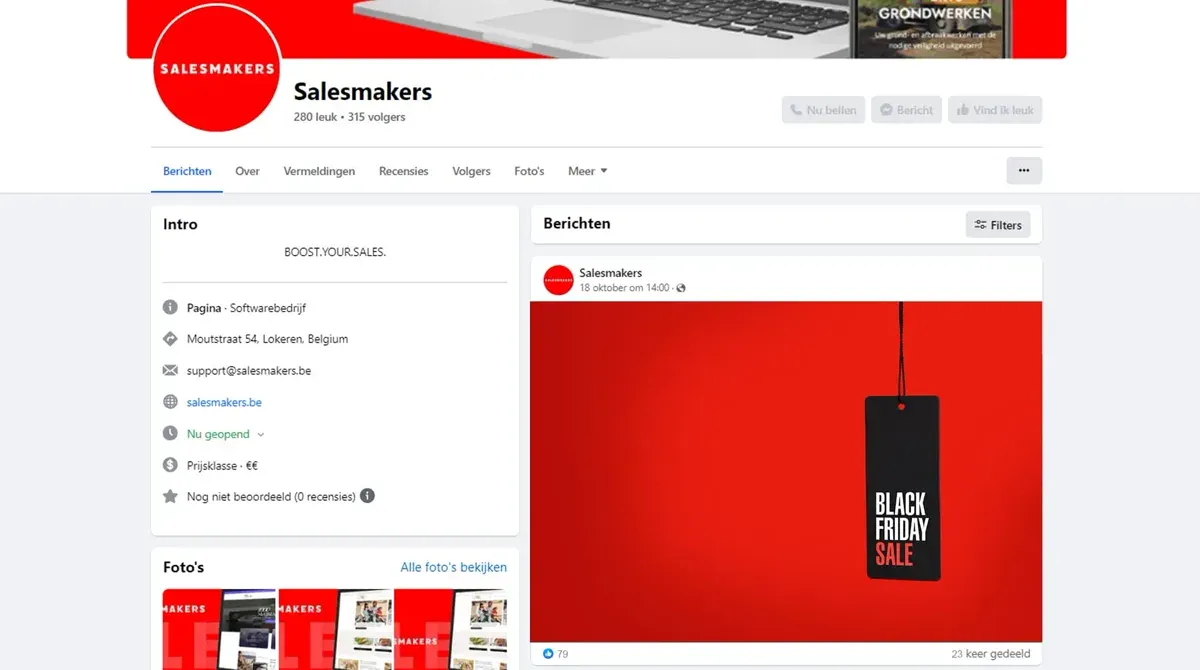 De Facebookpagina van Salesmakers met een bericht over Black Friday