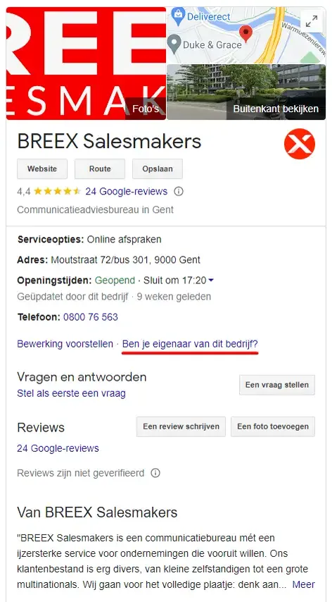 Een bedrijfsprofiel op Google, met de link Ben je eigenaar van dit bedrijf? onderstreept