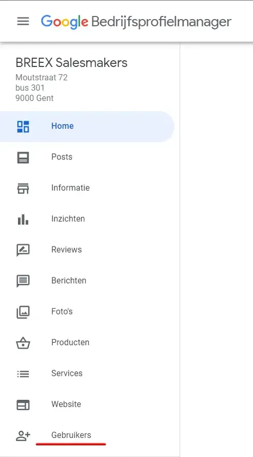 Het menu van Google Bedrijfsprofielmanager, met Gebruikers onderstreept