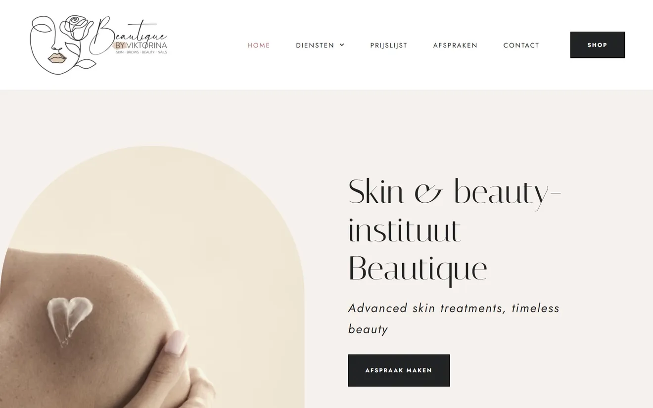 Le site web de Beautique, un institut de soins de la peau et de beauté à Willebroek : le premier écran.